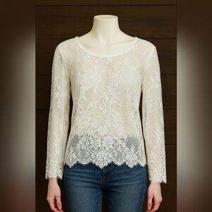 The Hanger White Sheer Floral Lace Blouse Size Medium Light Blue Boho Chic Top